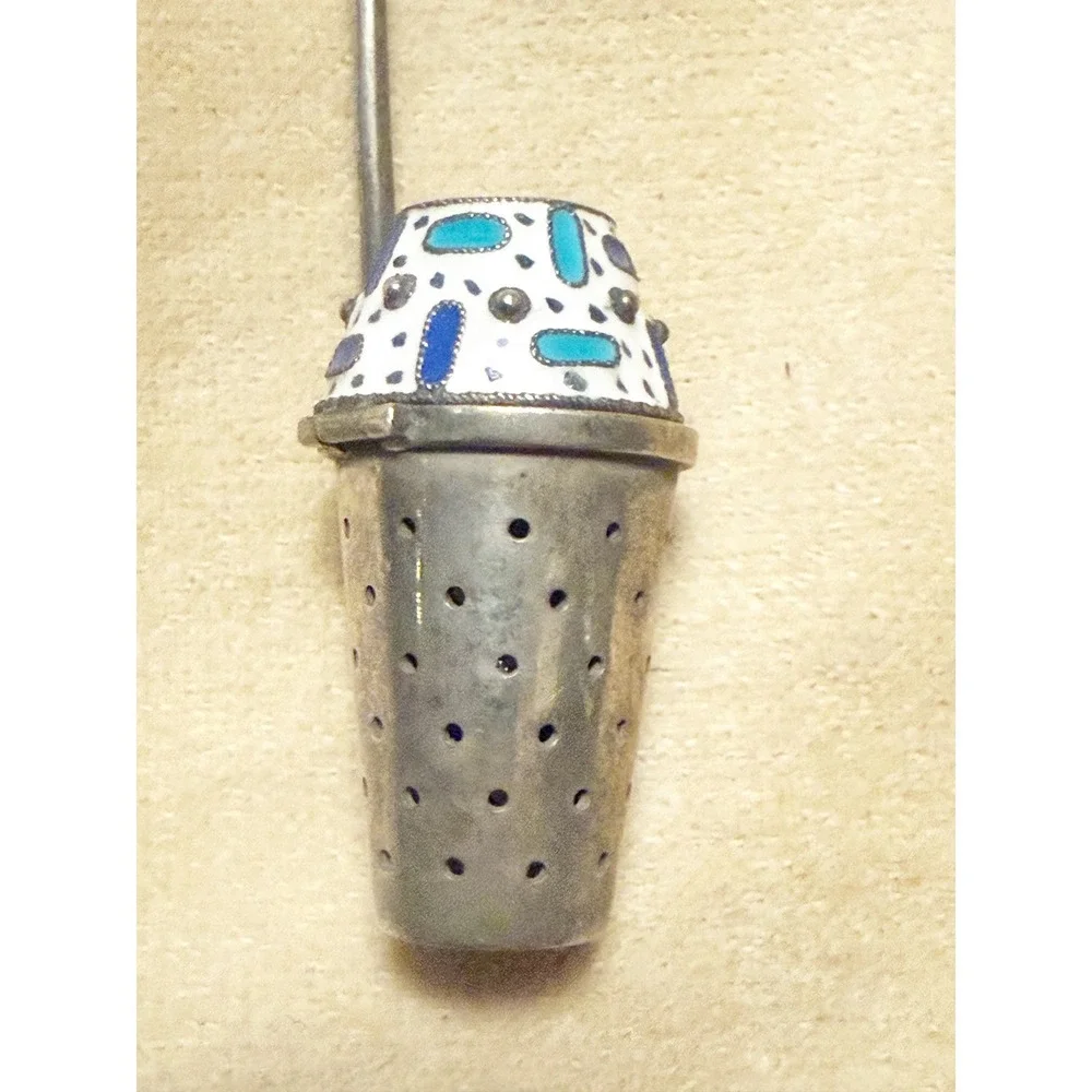 Vintage Russian 916 Silver Cloisonne Enamel Tea Strainer Hinged Basket 20.3g